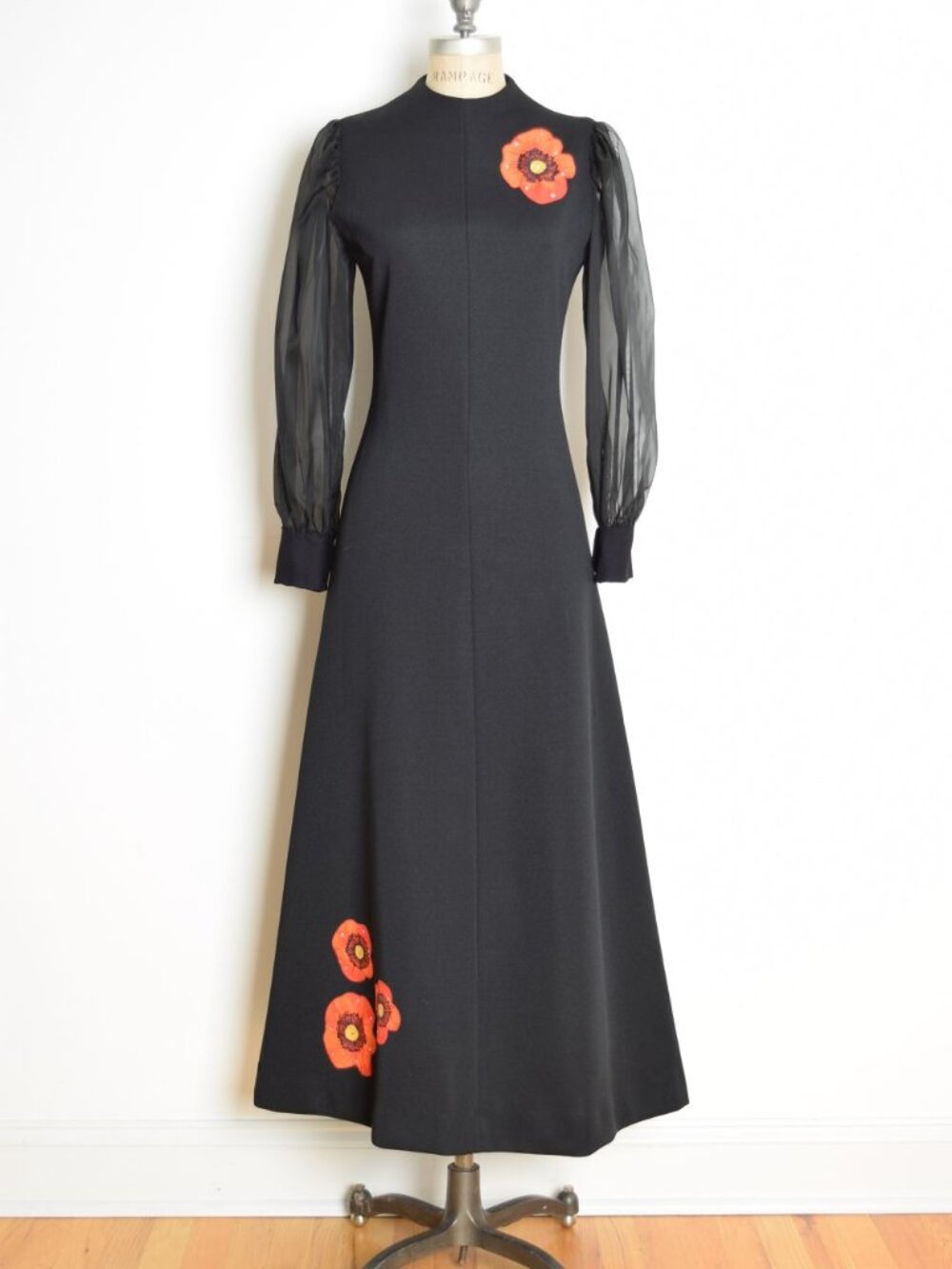 vintage 70s maxi dress black orange poppy print applique hippie boho M